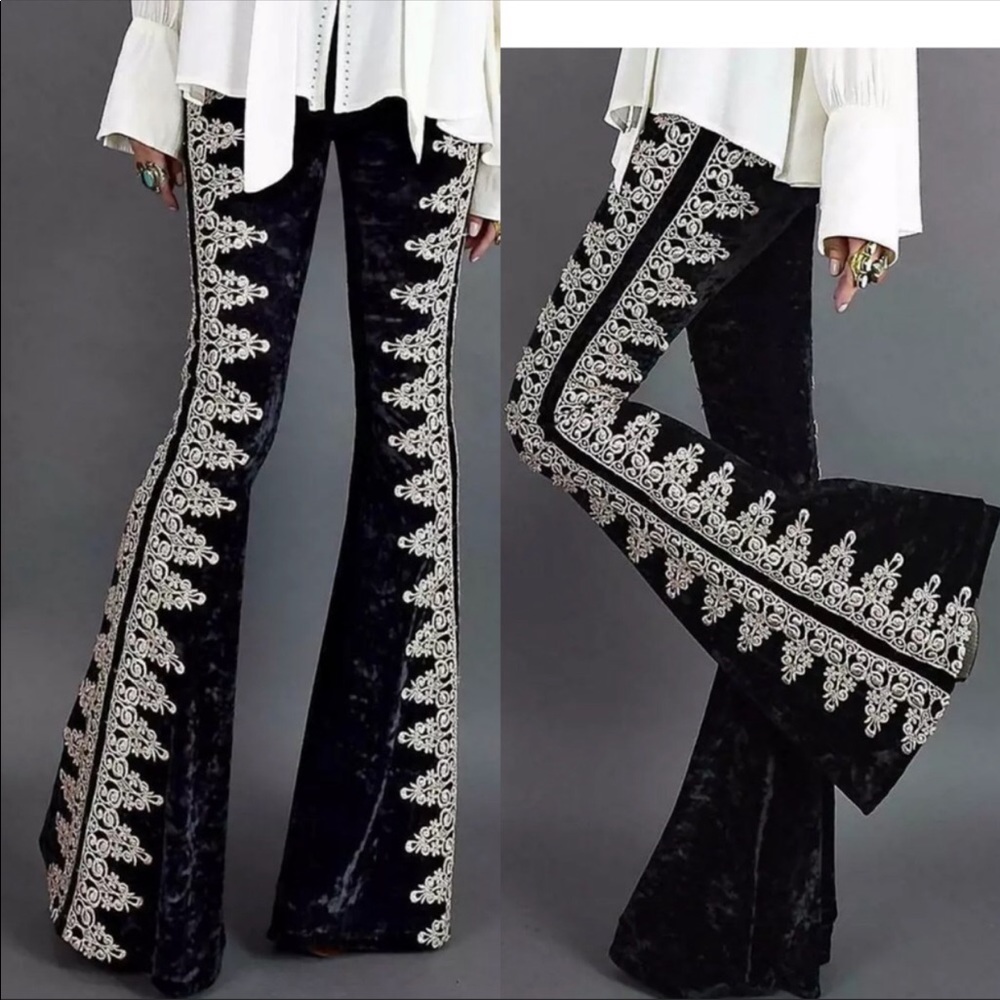 Crushed Velvet Black Bell Bottom Flare S